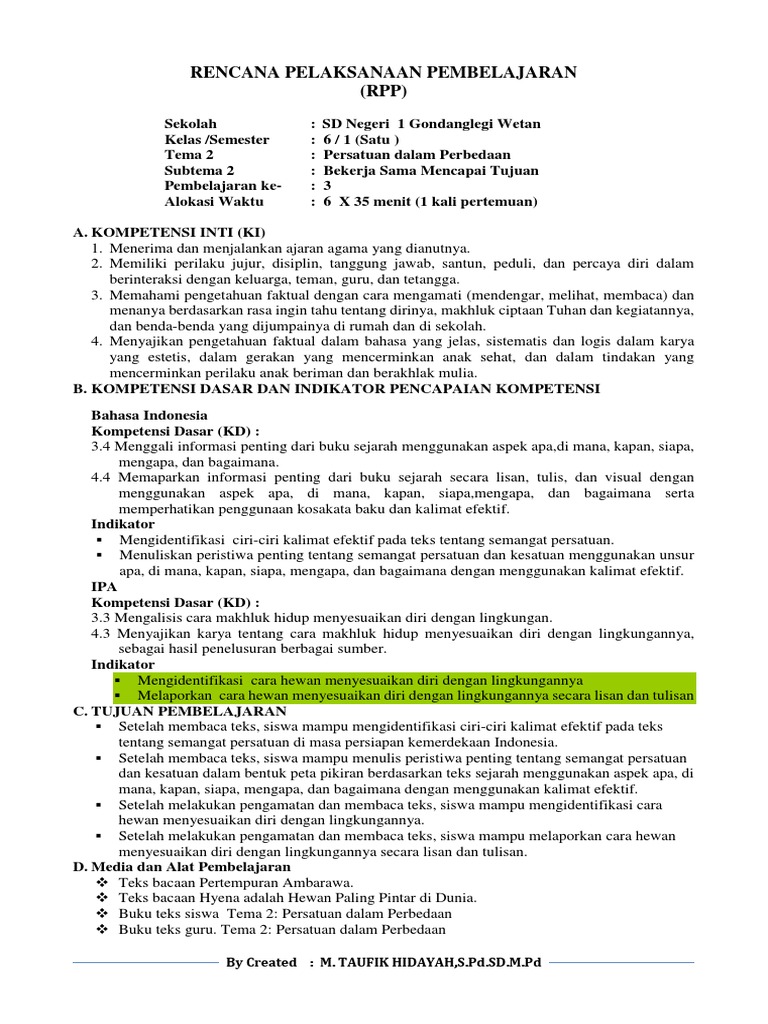 Rpp Kelas 6 Tema 2 Subtema 3 Pdf