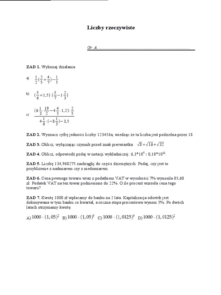 Sprawdzian Z Matematyki Klasa 1 Liceum Liczby Rzeczywiste Nowa Era