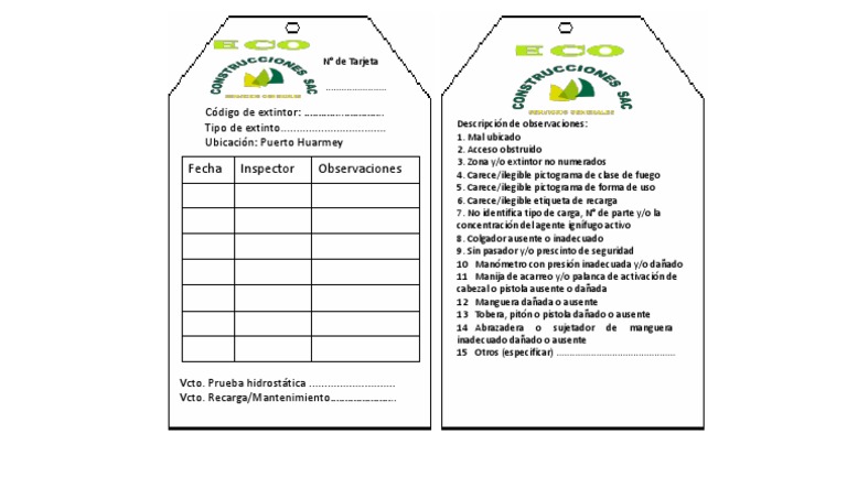 Formato Tarjeta de Inspeccion de Extintor | PDF