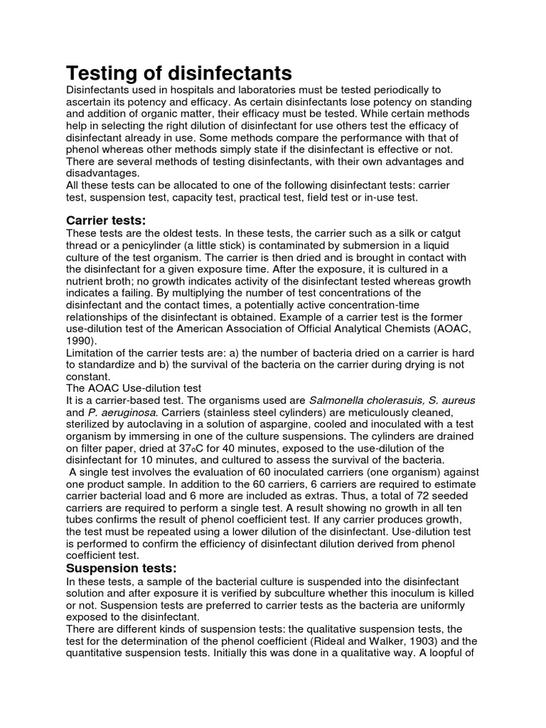 Testing of Disinfectants PDF Disinfectant Microbiology