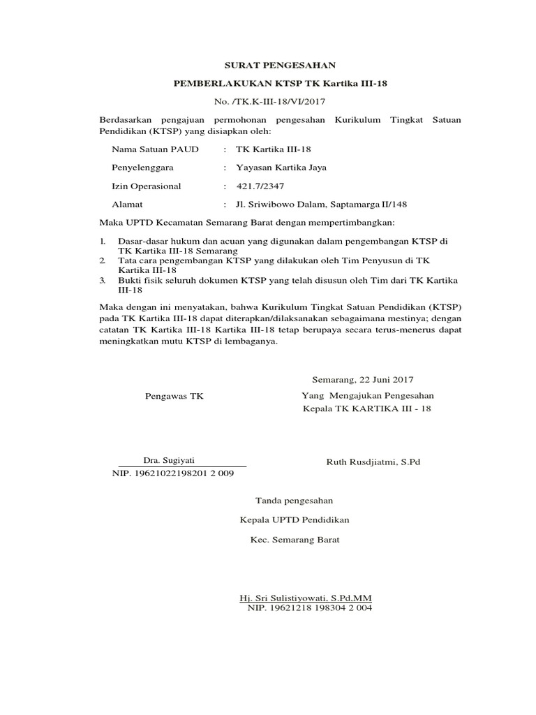 Surat Pengesahan Pemberlakukan Ktsp Tk Kartika Iii