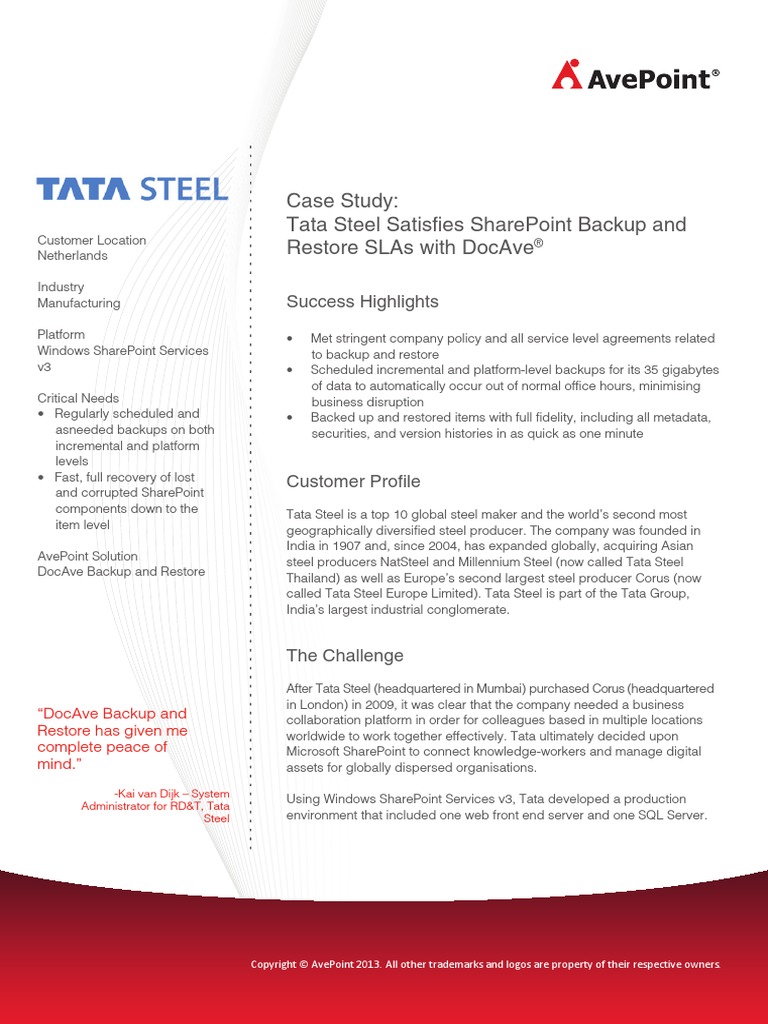 Case Study Tata Steel | PDF | Share Point | Backup