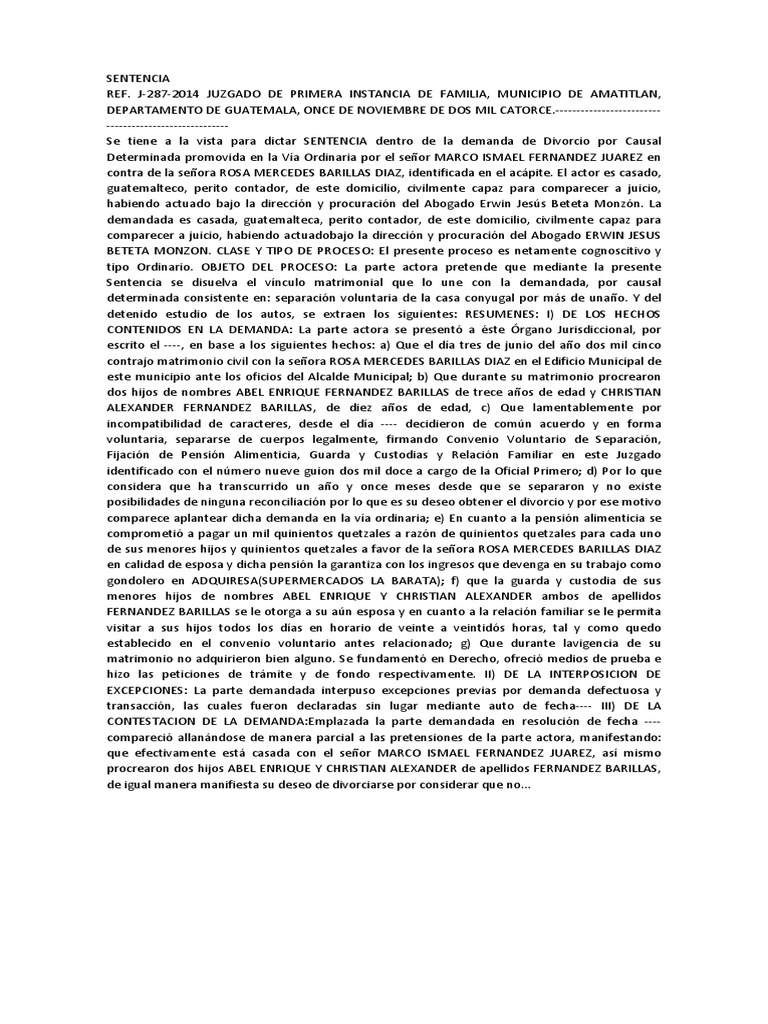 Sentencia de Divorcio | Divorcio | Manutención de los hijos