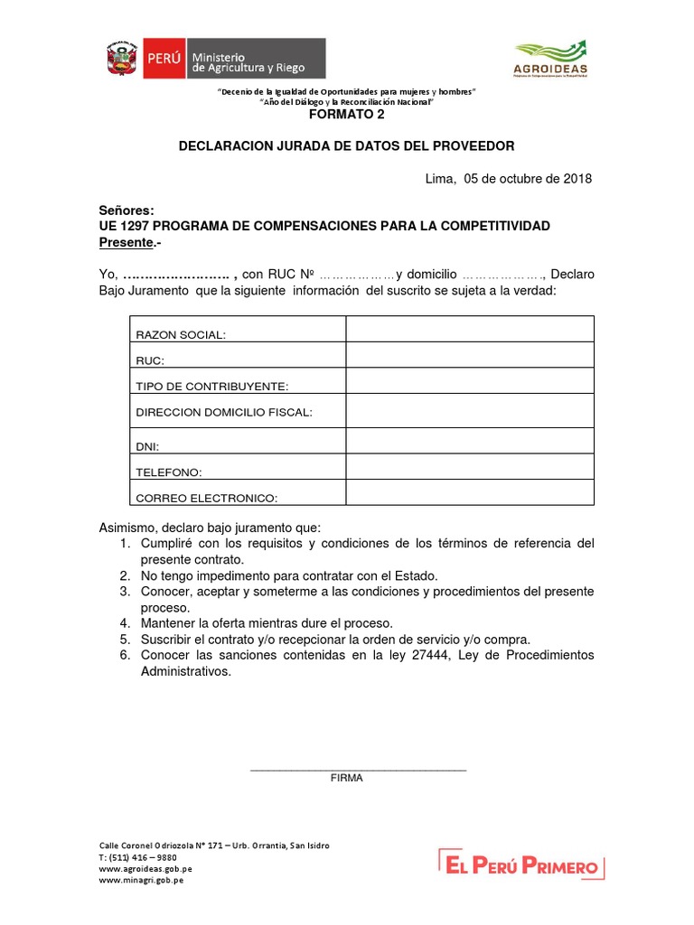 Formato N 02Declaracion Jurada de Datos Del Proveedor PDF