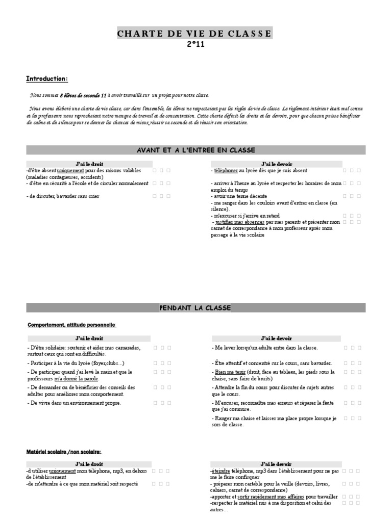 Charte Vie De Classe