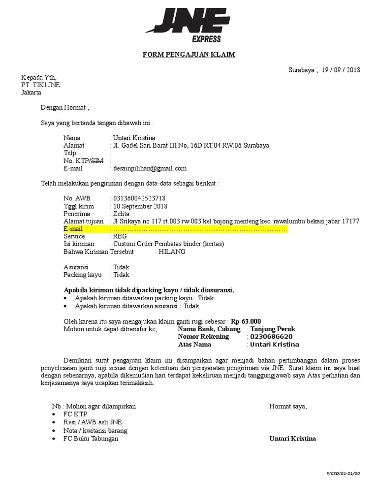 Jne Form Pengajuan Klaim