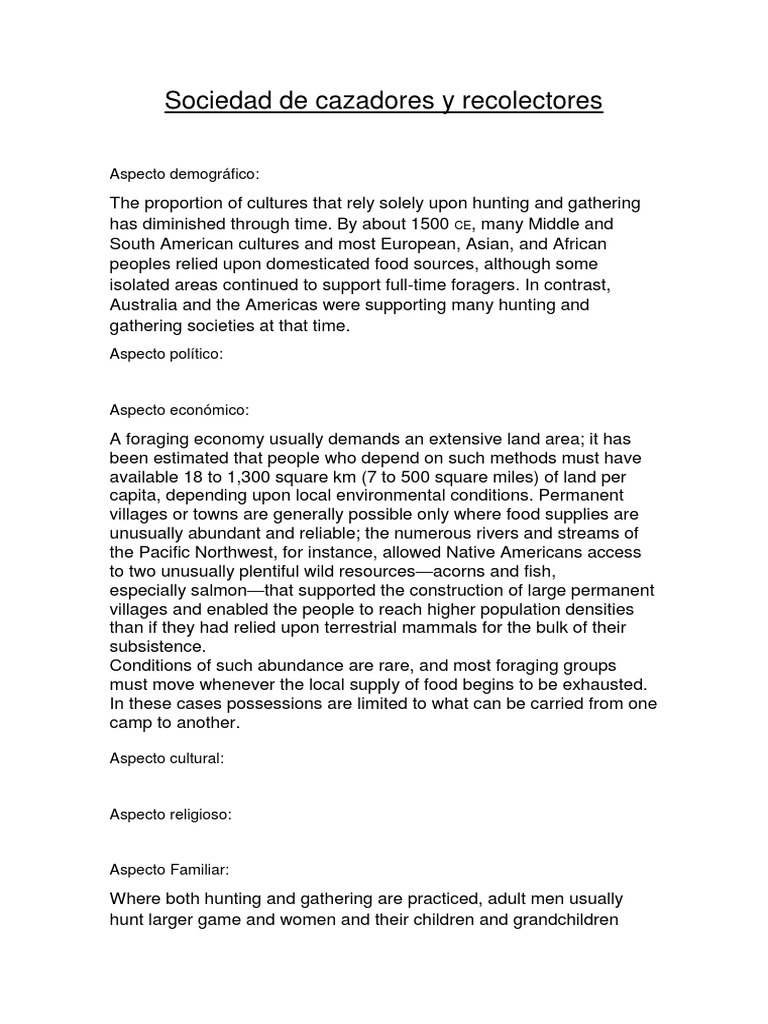 Hunting and Gathering Societies Demographic, Economic, and Family