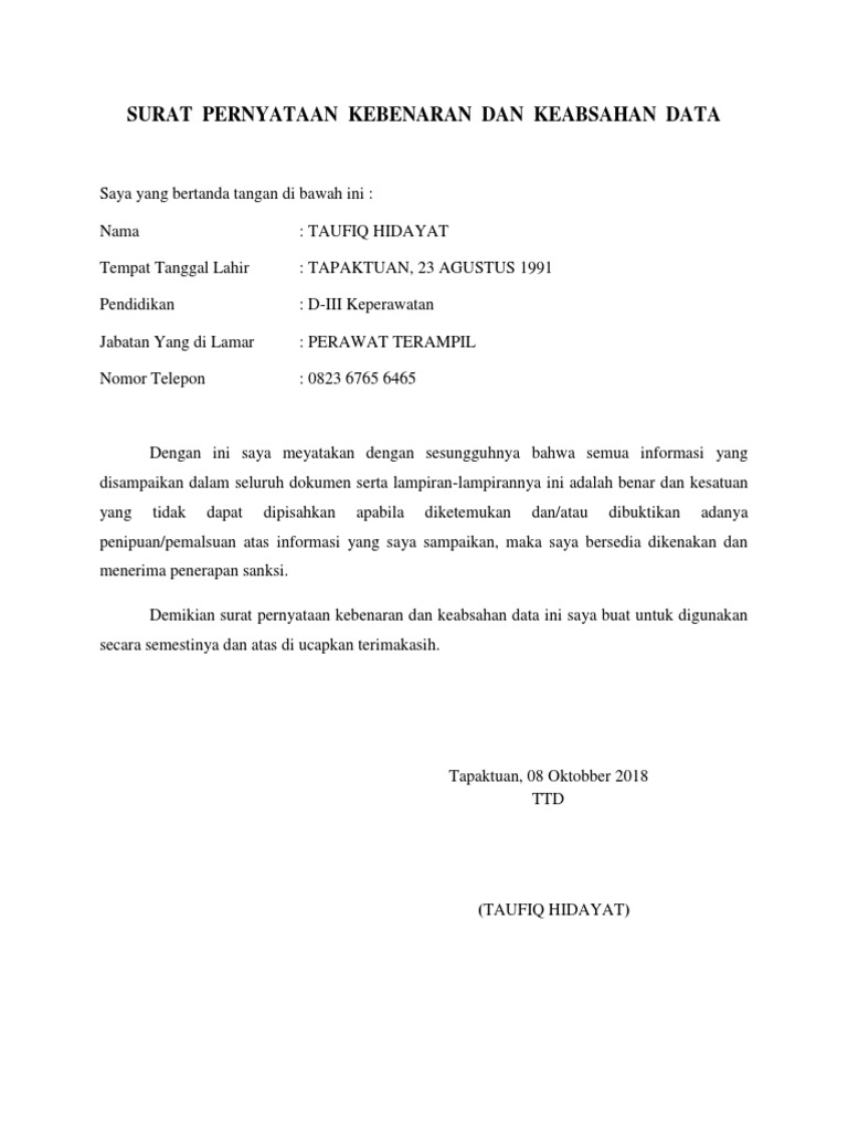 Surat Pernyataan Kebenaran Dan Keabsahan Data