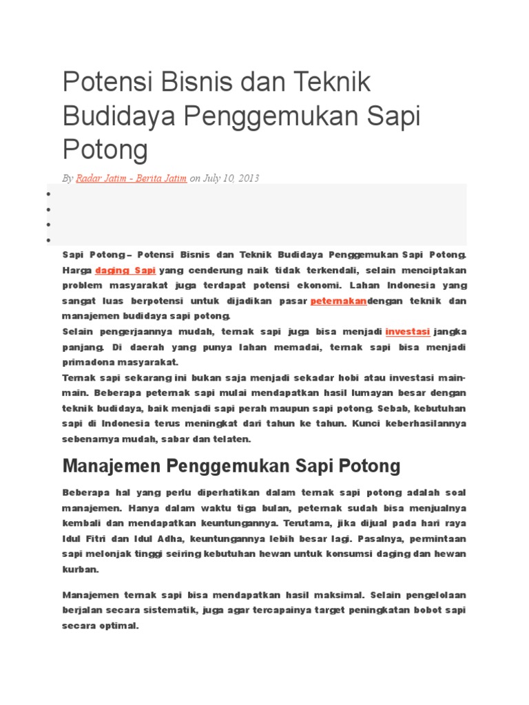 Potensi Bisnis Dan Teknik Budidaya Penggemukan Sapi Potong Docx