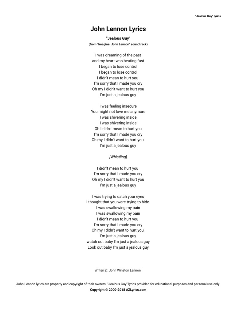 John Lennon Lyrics Jealous Guy Pdf Leisure