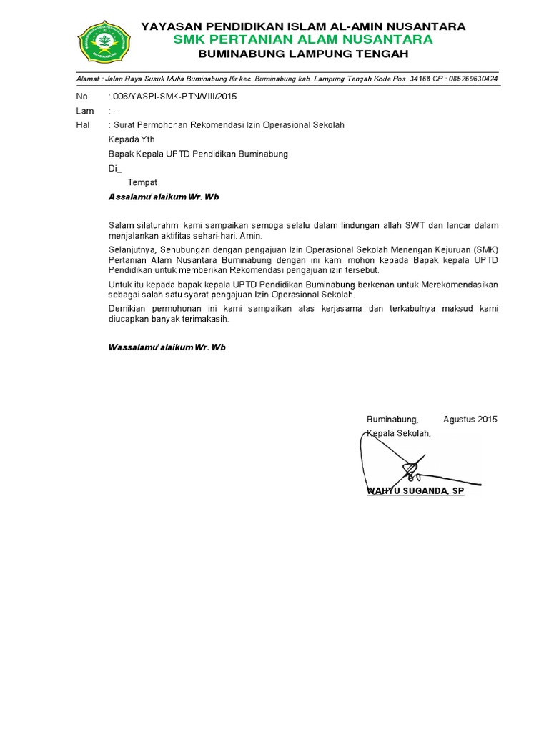 SURAT Permohonan Rekomendasi Izin Operasional Sekolah SURAT Permohonan Rekomendasi Izin Operasional Sekolah