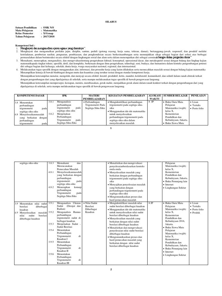 SILABUS Matematika Kelas 10 Genap | PDF | Metode & Bahan Ajar