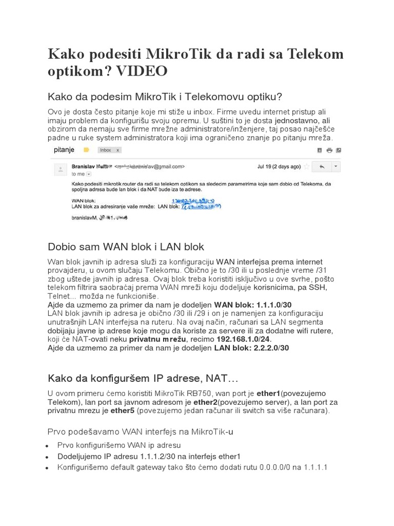Kako Podesiti MikroTik Da Radi Sa Telekom Optikom | PDF