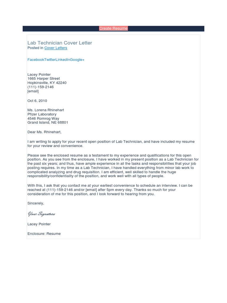 Lab Technician Cover Letter: Posted in | PDF | Business