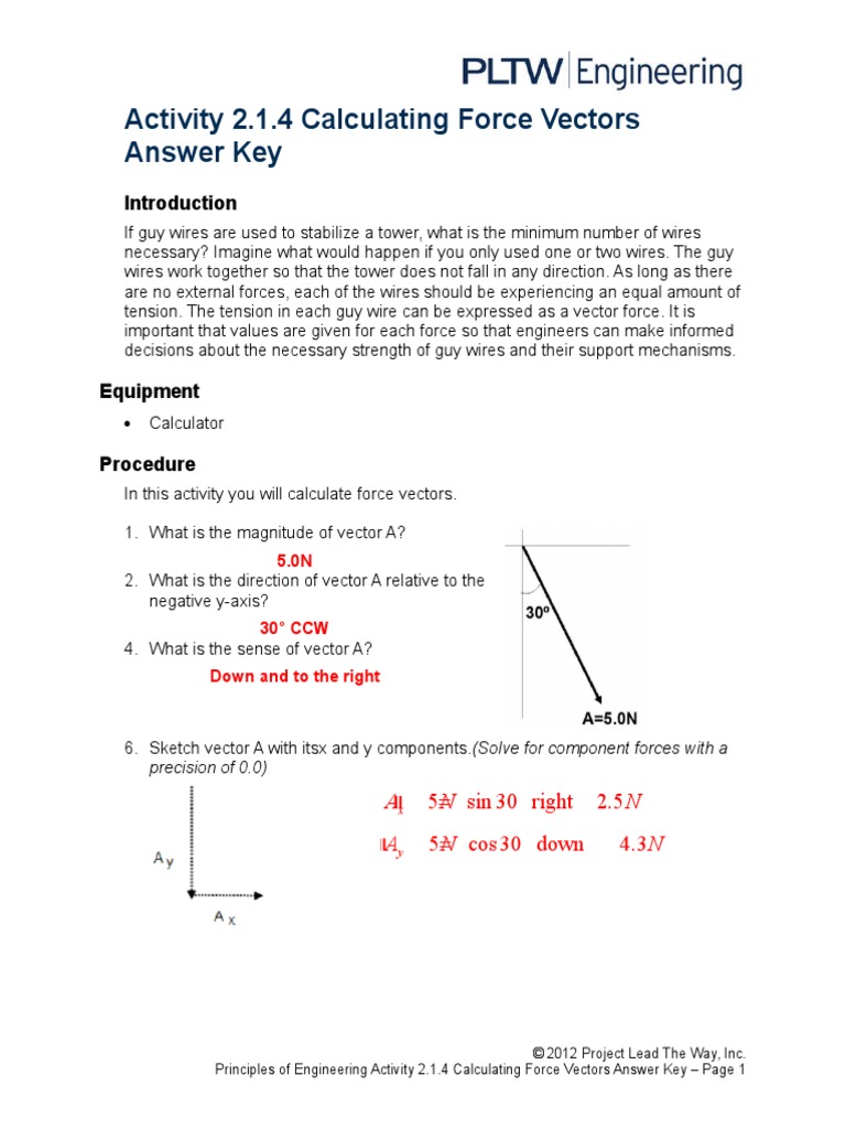 Activity 2.1.4 Calculating Force Vectors Answer Key: 5 sin 30 right 2.5 ...