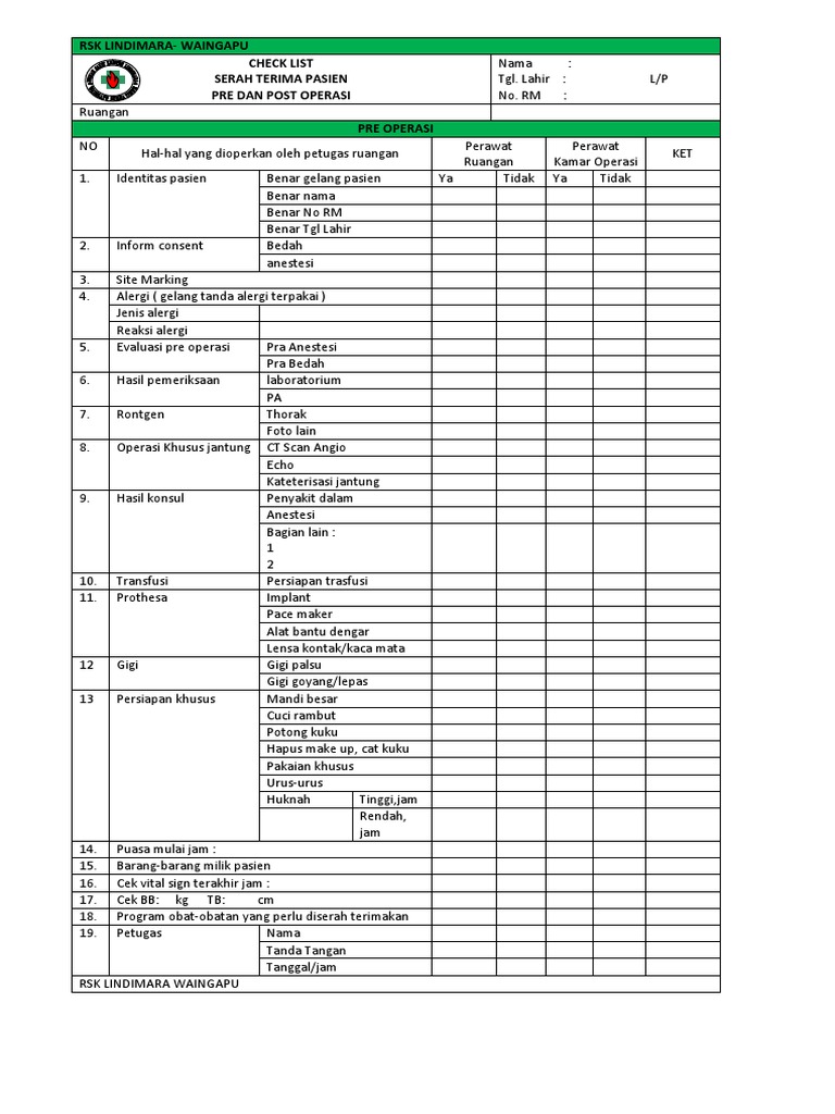 Checklist Pre dan Post Operasi Pasien | PDF