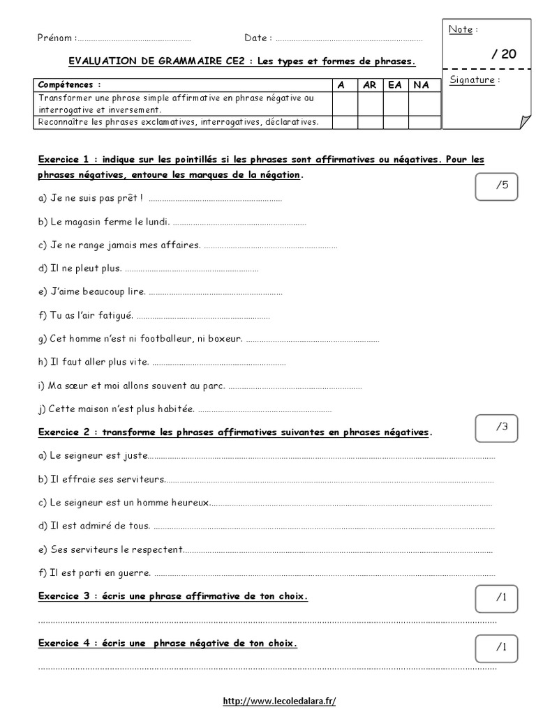 Exercice Les Types De Phrases Ce2 Eval Type Et Forme | PDF | Phrase | Linguistique