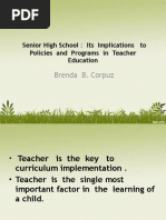 Brenda B. Corpuz: Senior High School: Its Implications To Policies and Programs in Teacher Education