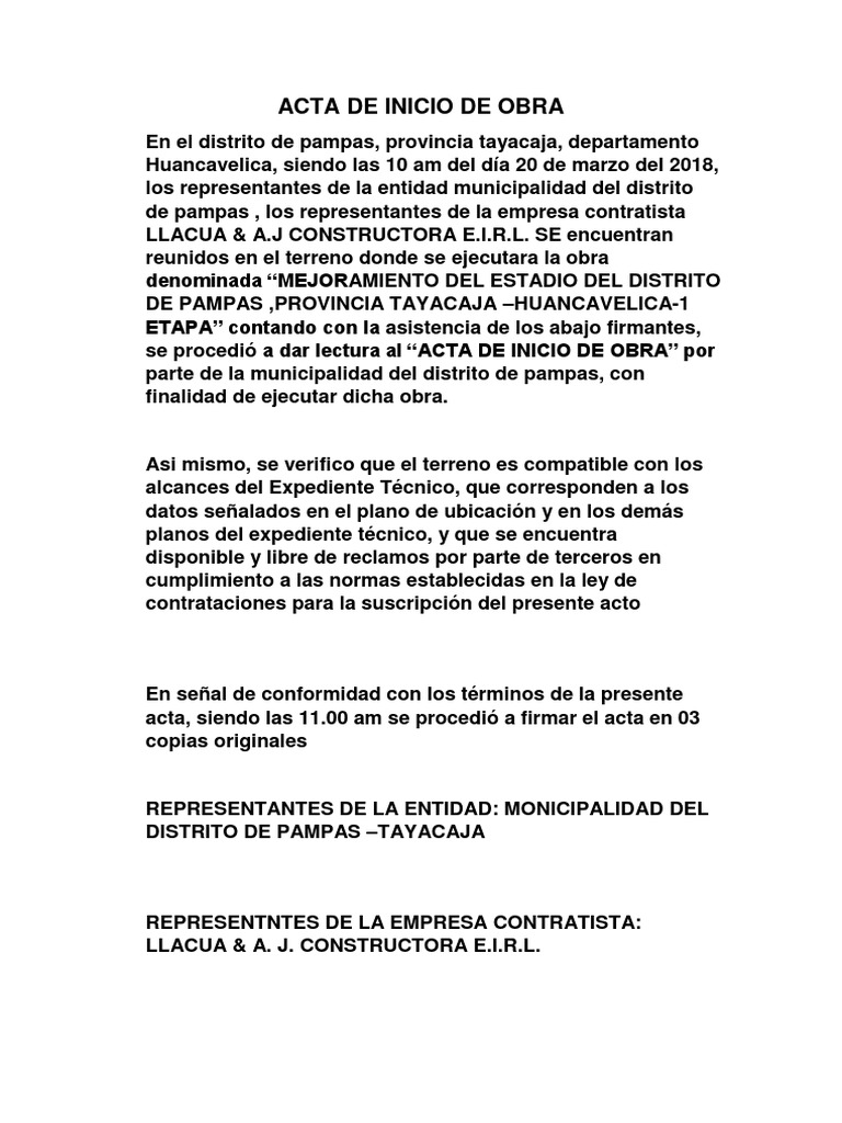 Acta de Inicio y Entrega de Obra Pampas | PDF