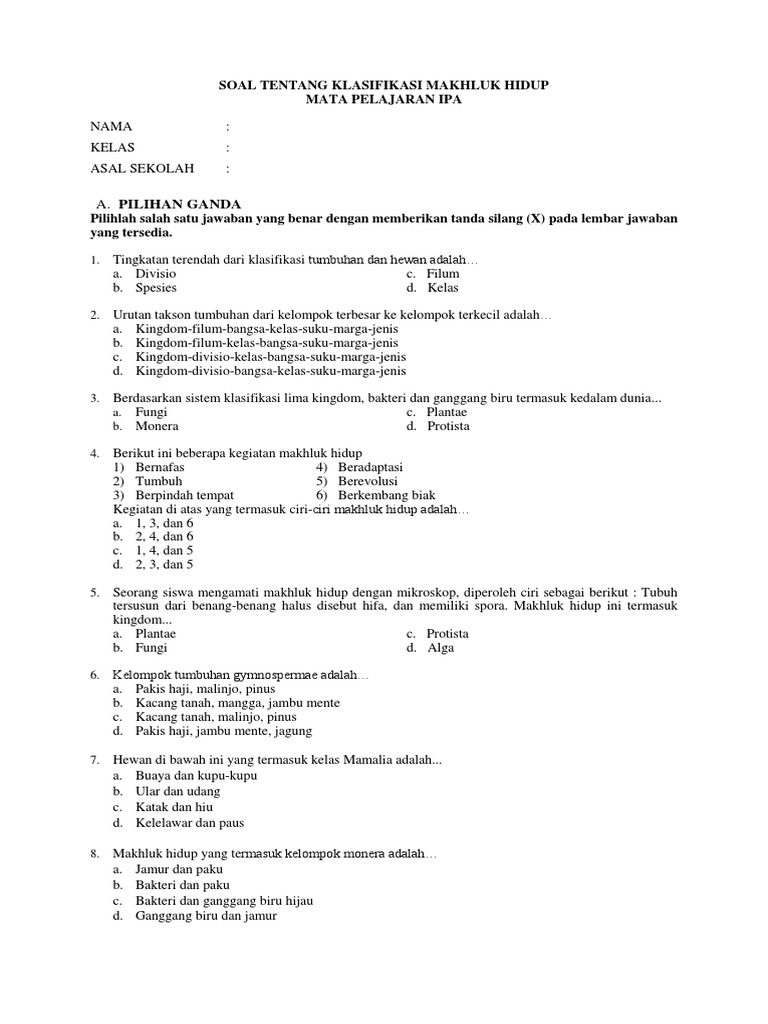 Soal Dan Jawaban Klasifikasi Makhluk Hidup Kelas 10
