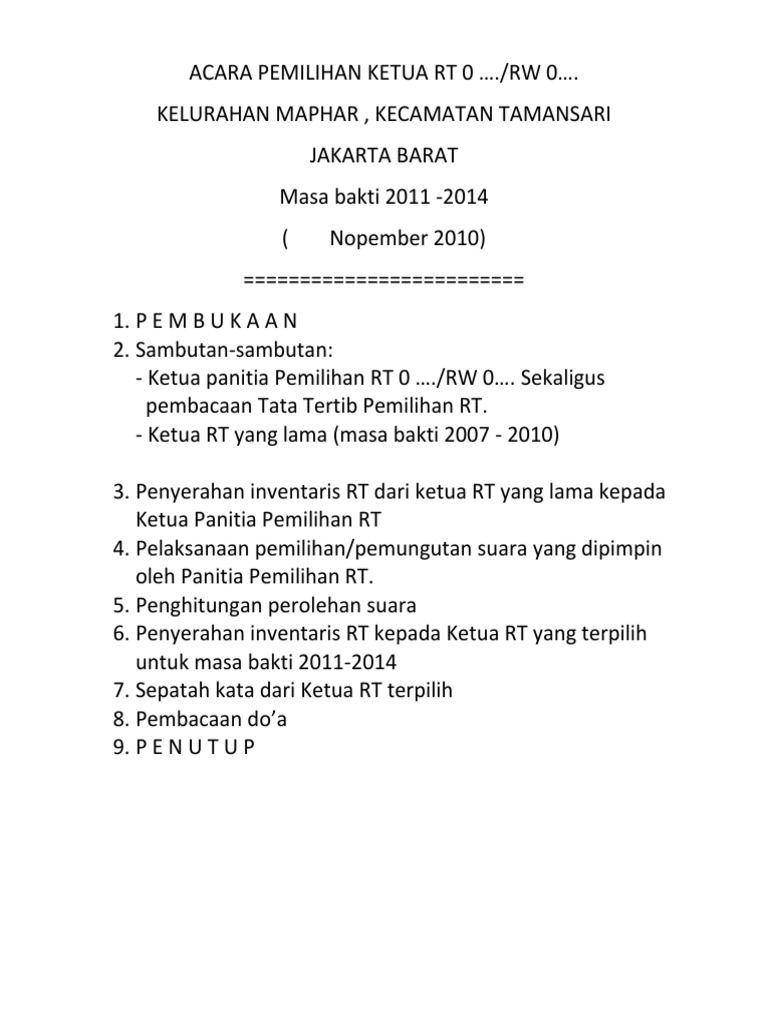 Contoh Soal Dan Materi Pelajaran 2 Contoh Kata Sambutan Ketua Panitia Pemilihan Rt