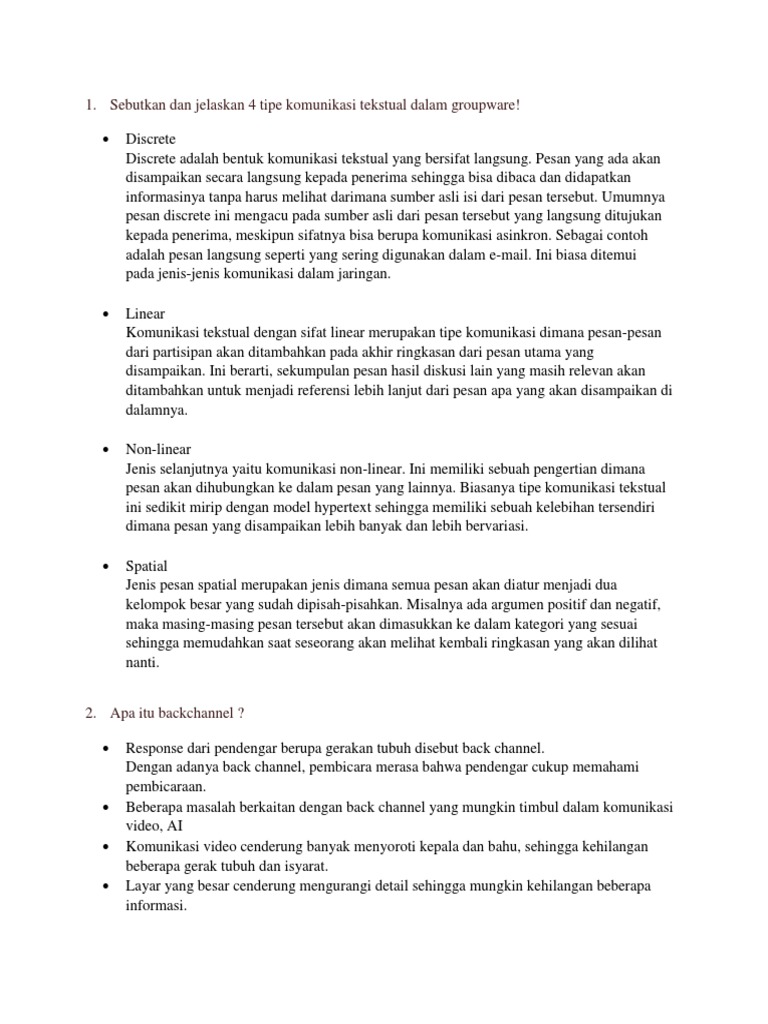 1. Sebutkan dan jelaskan 4 tipe komunikasi tekstual dalam groupware!