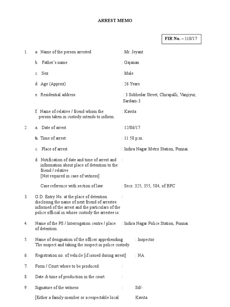 Form for Memo of Arrest (1) Arrest Criminal Justice