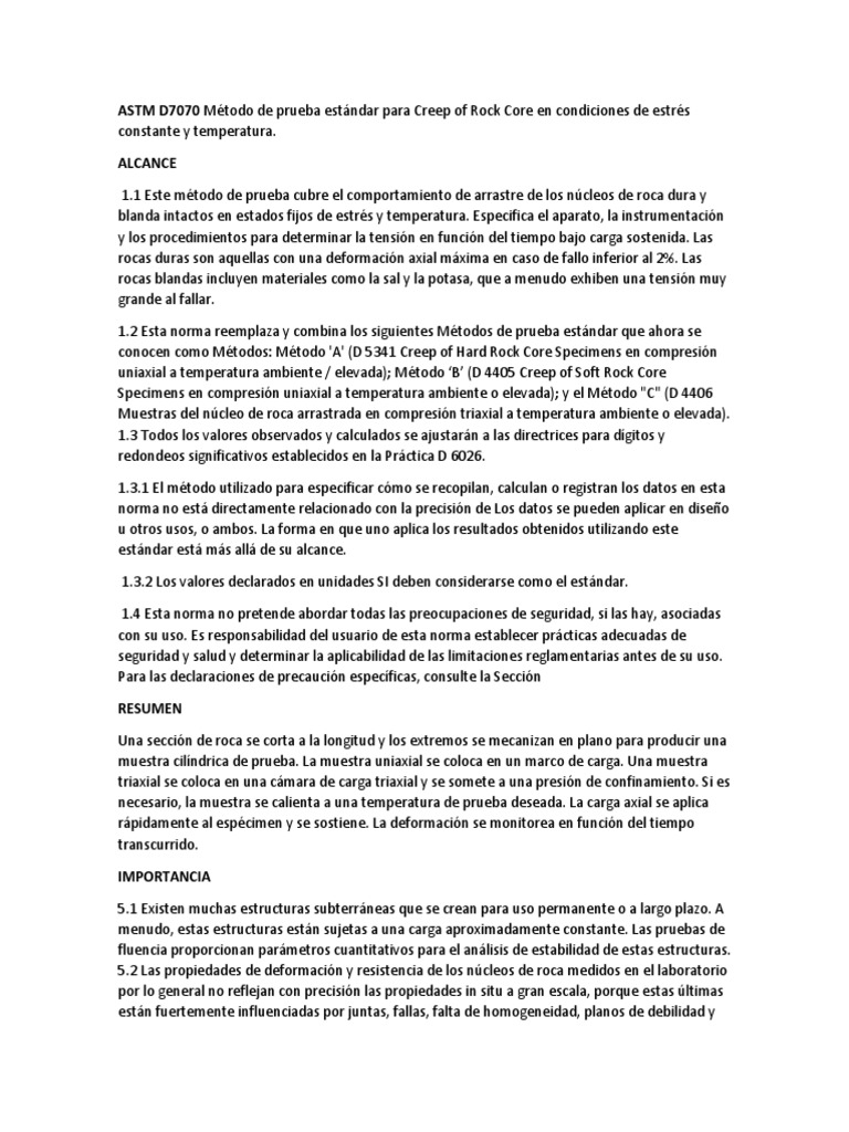Prueba de Creep en Núcleos de Roca ASTM D7070 | PDF | Estrés (Mecánica ...