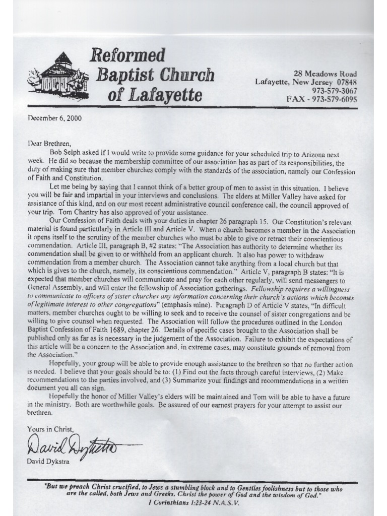 David Dykstra Letter 0f December 6, 2000 to Informal Council