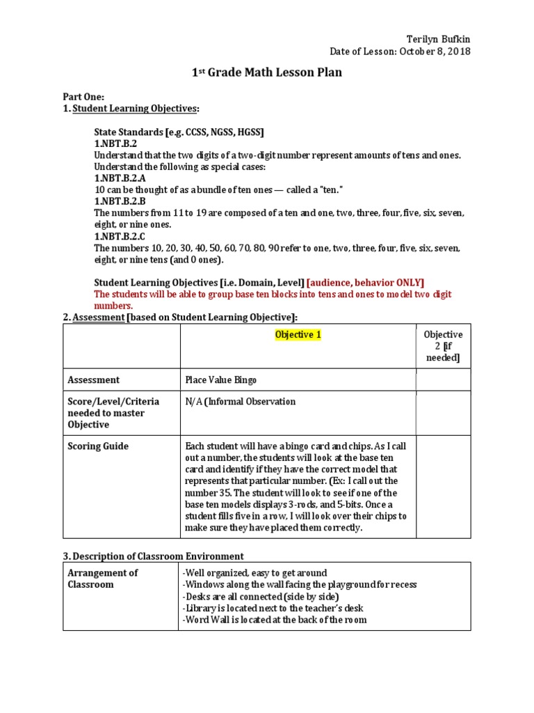 1st Grade Math Lesson Plan 2 Digits Pdf Classroom Learning