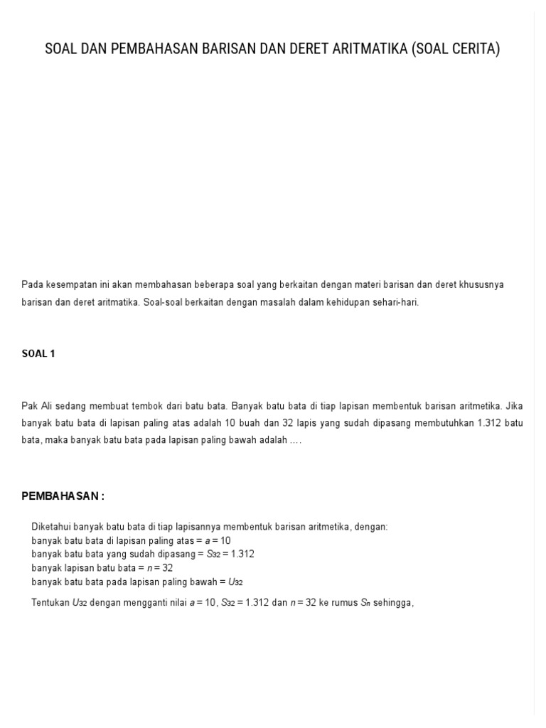 Soal Dan Pembahasan Barisan Dan Deret Aritmatika Soal Cerita Matematika