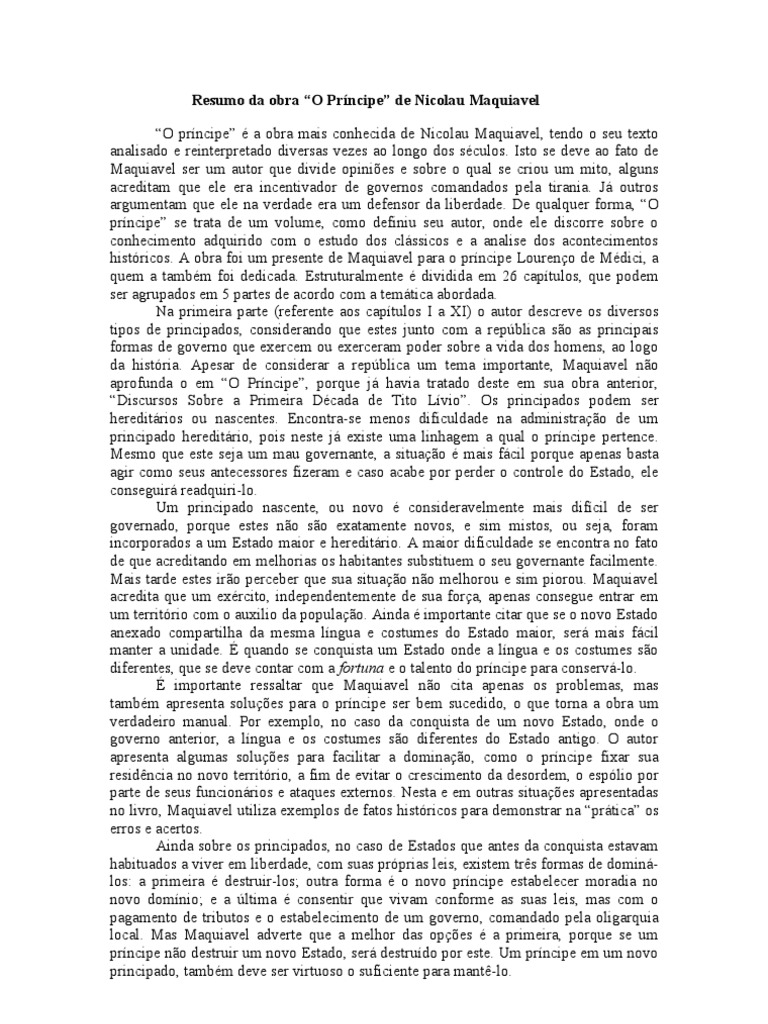 O Príncipe De Maquiavel Resumo Do Livro