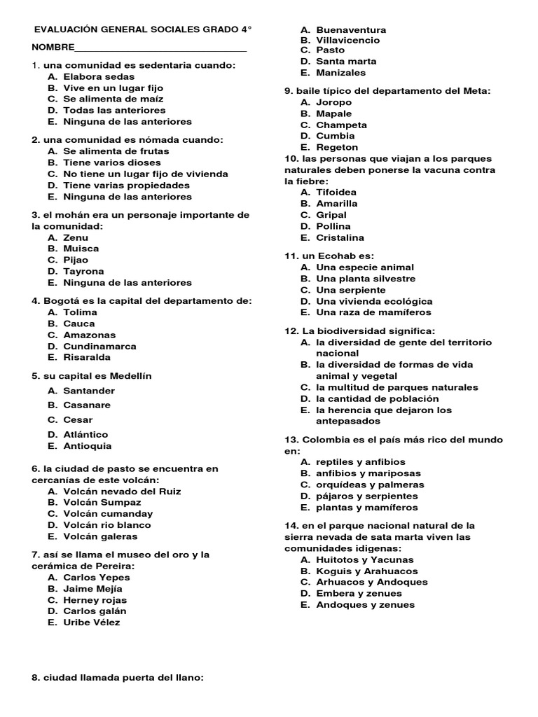Evaluación de Sociales para 4° Grado | PDF | Colombia | Agua
