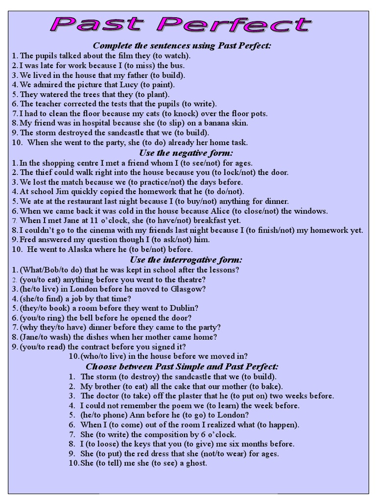 Past Perfect Tense Exercises | PDF