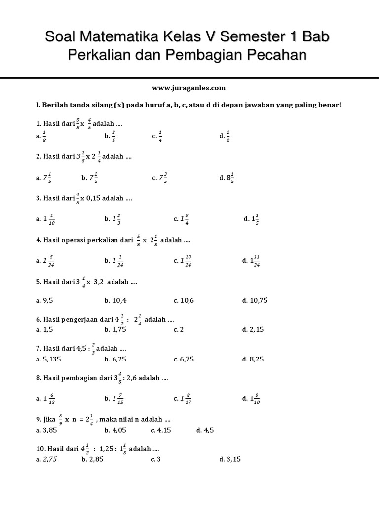 Soal Matematika Kelas 5 Perkalian Dan Pembagian Pecahan