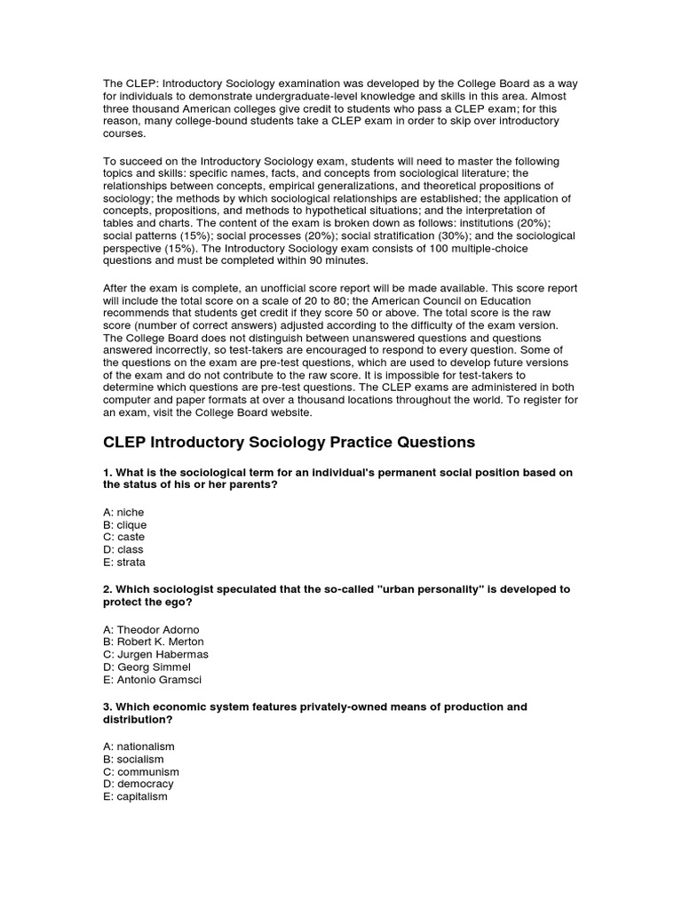 Clep Sociology Practice Test Sociology Exam Free Practice Questions