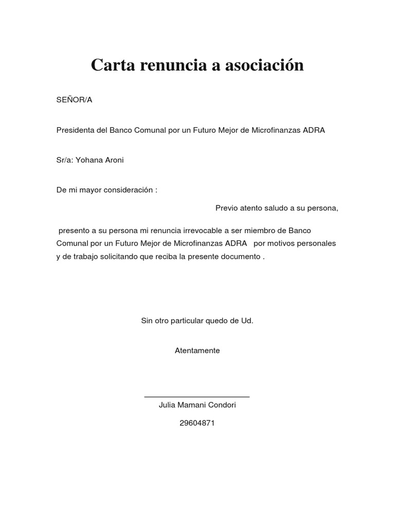 Carta Renuncia A Asociación