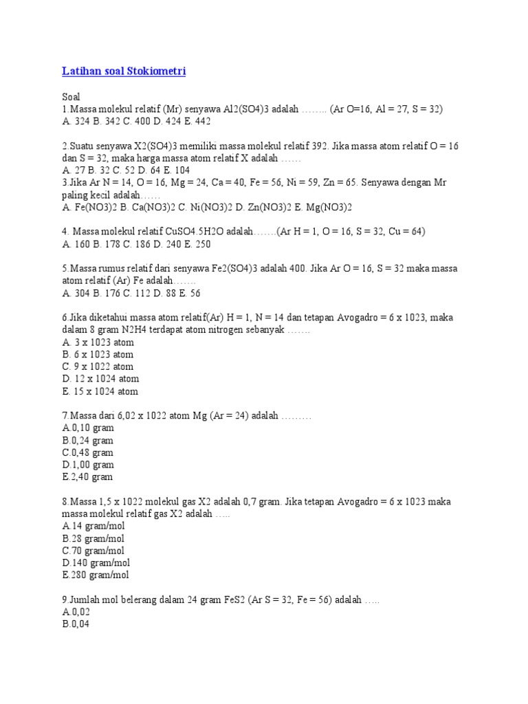 Latihan Soal Stokiometri Lengkap | PDF | Metode & Bahan Ajar | Sains ...