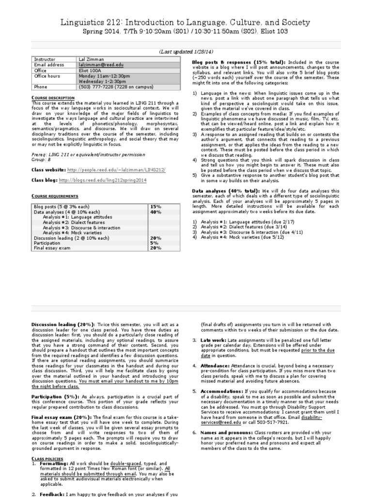 Language, Culture, and Society Syllabus | PDF | Sociolinguistics ...