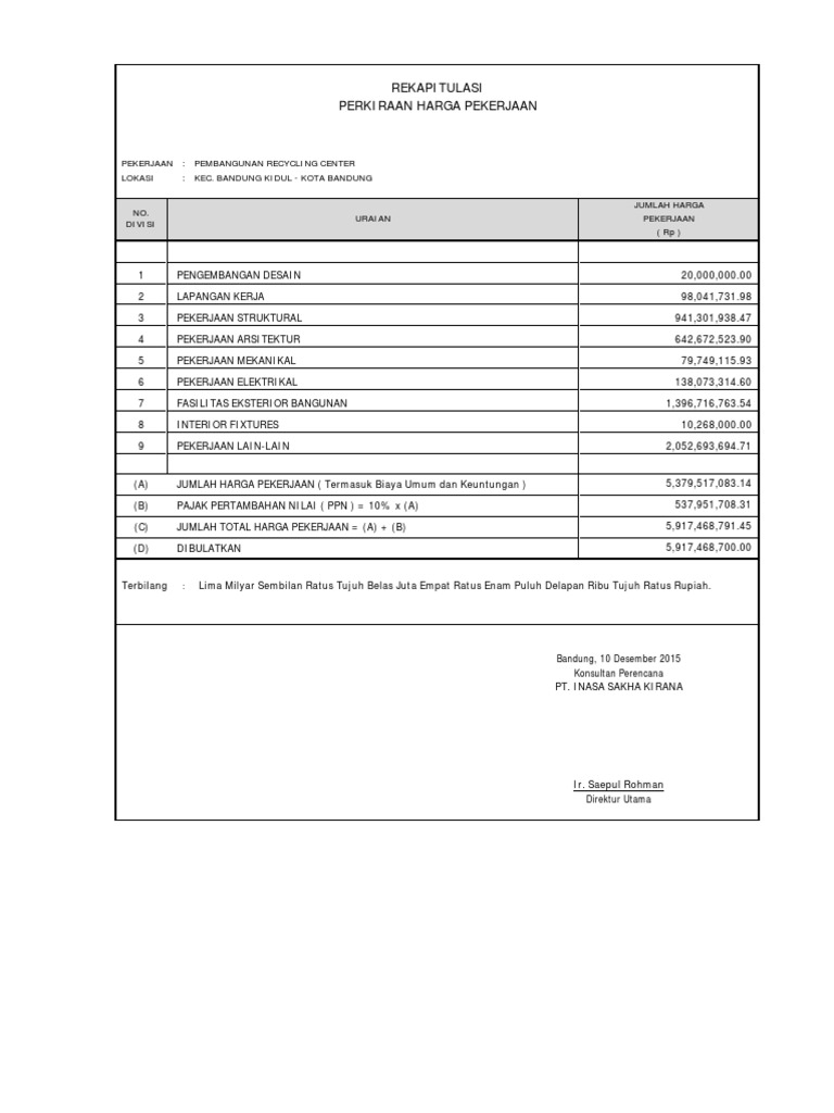 Rekapitulasi Biaya Pembangunan Recycling Center | PDF