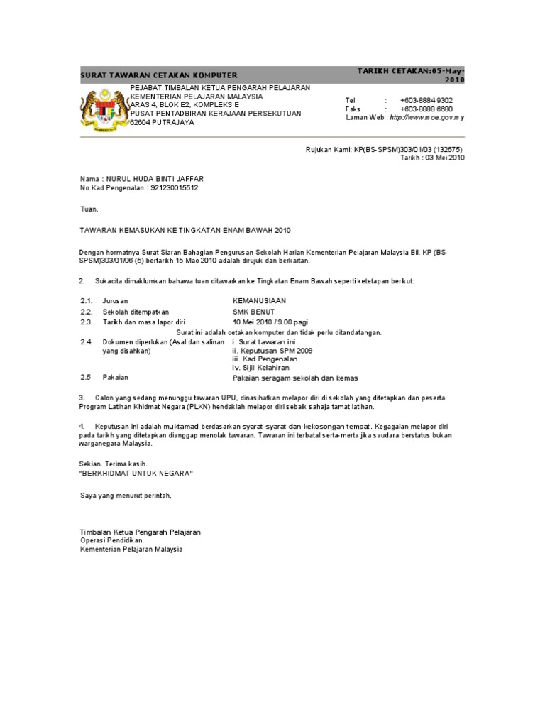 Print Semula Surat Tawaran Tingkat 6 2019