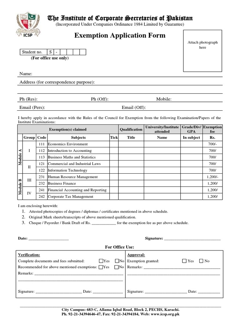 Exemption Application Form: The Institute of Corporate Secretaries of ...