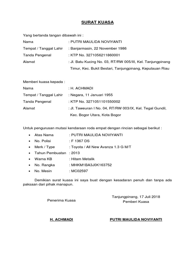 Surat Kuasa Mutasi Mobil