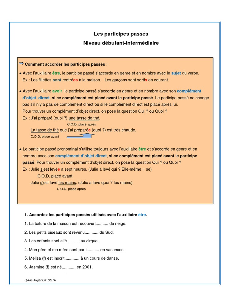 Exercices Accord Participe Passé 4ème à Imprimer Les Participes Passes Exercices Et Corrige | PDF | Complément d'objet |  Sujet (Grammaire)