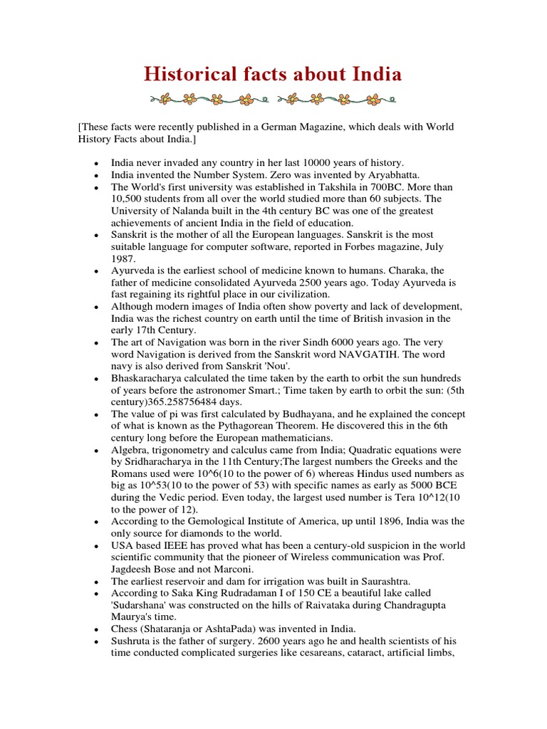 Historical Facts About India PDF Teaching Mathematics Science