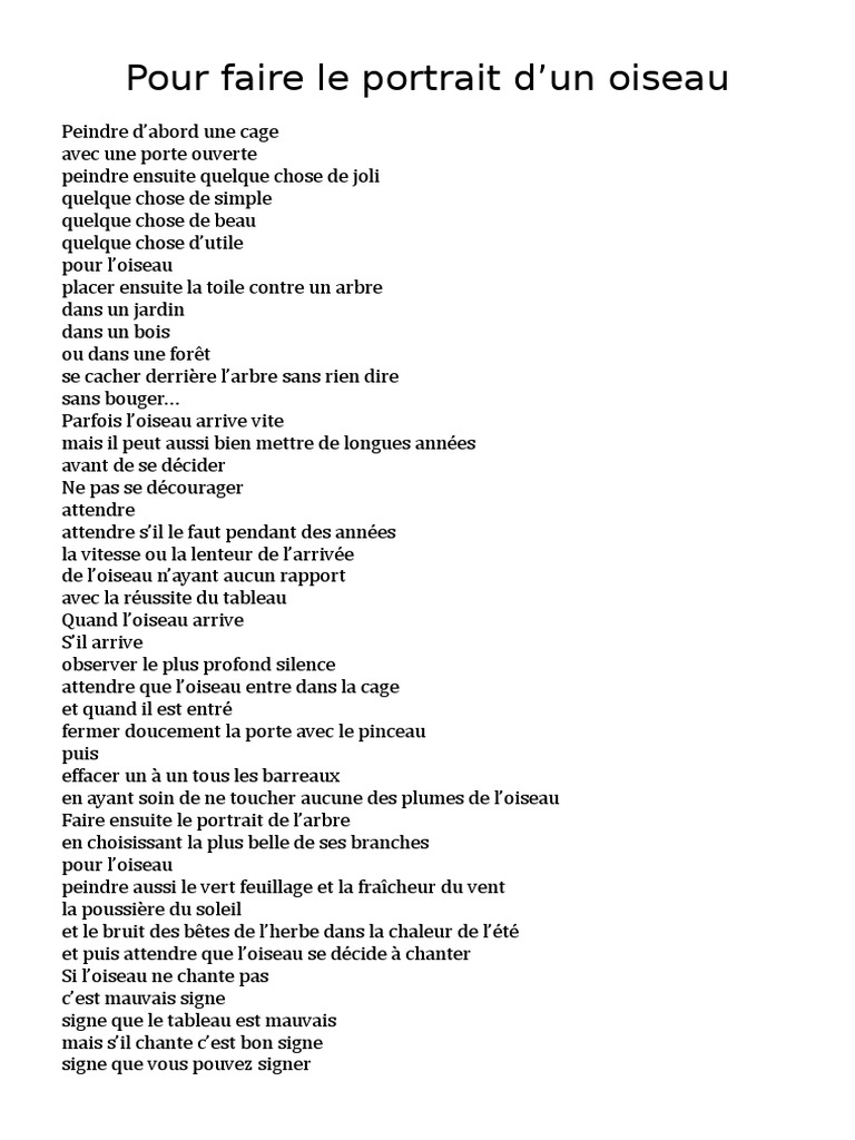 Pour Faire Le Portrait D Un Oiseau Cm2