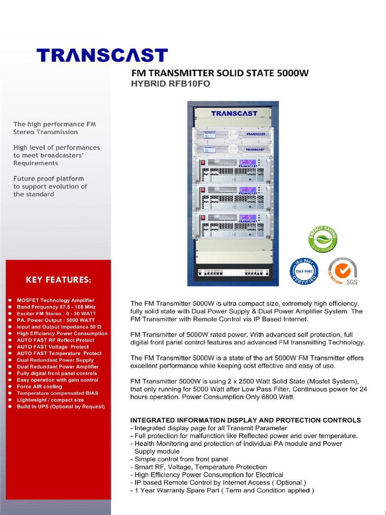 TRANSCAST FM Transmitter 5000watt Solid State | PDF