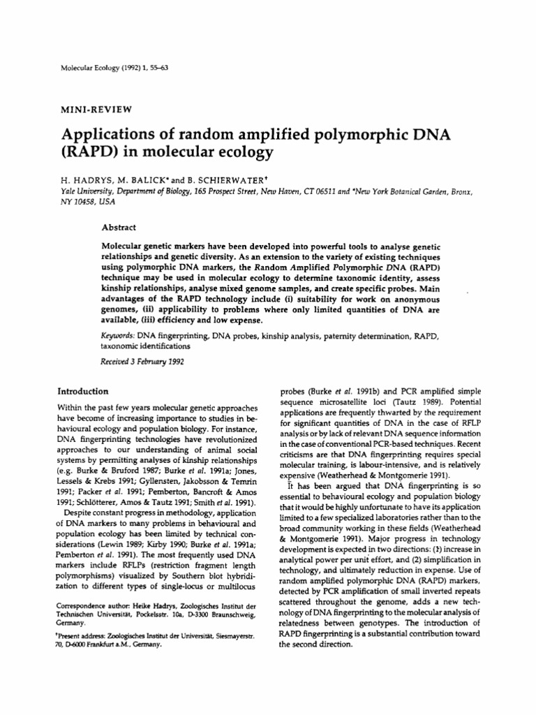 RAPD Applications in Molecular Ecology | PDF | Polymerase Chain ...