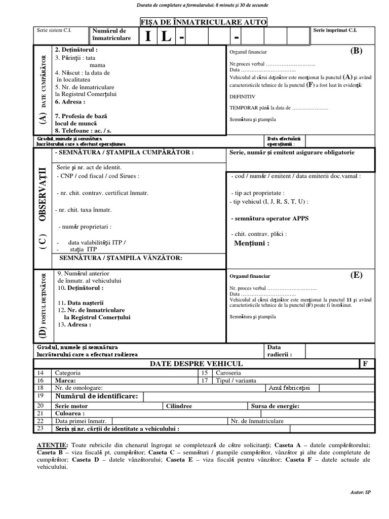 Formular Fisa De Inmatriculare Editabil 08 30