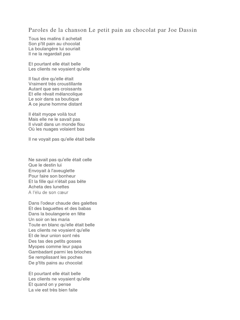 Paroles de La Chanson Le Petit Pain Au Chocolat Par Joe Dassin